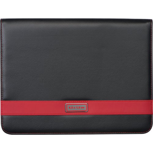 Black faux leather writing folder with red accent.