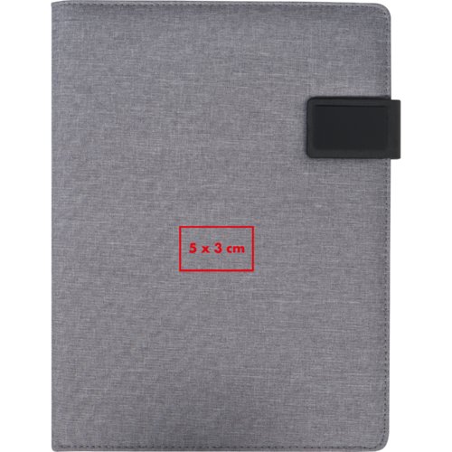 Gray writing case with pen loop and magnetic closure.