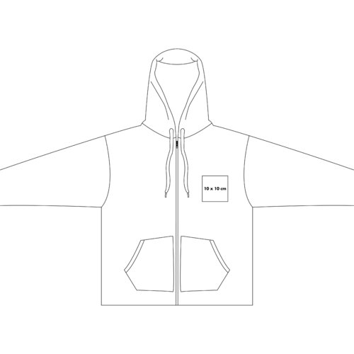 Hooded sweatshirt jacket with full zipper and kangaroo pockets.