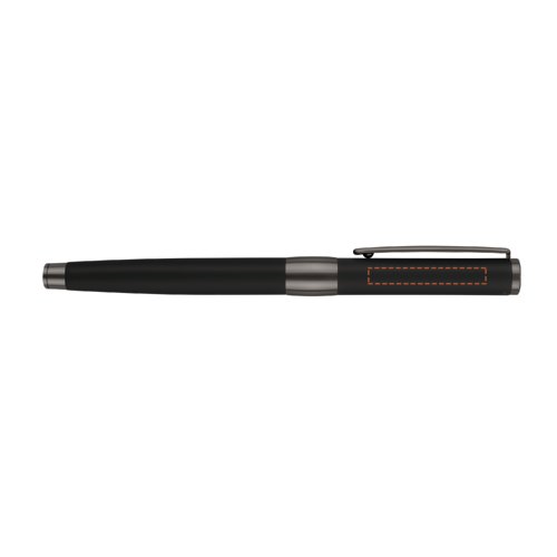 Black rollerball pen with metal accents and clip.