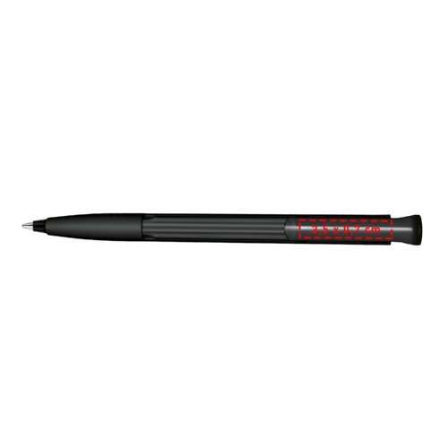 Black plastic ballpoint pen with push button and soft grip.