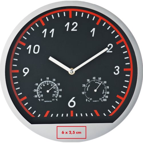 Silver wall clock with temperature and humidity display.