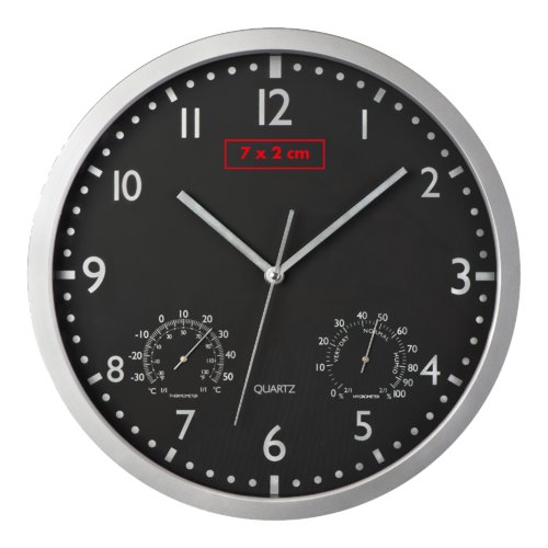 Black wall clock with hour, minute, and second hands.