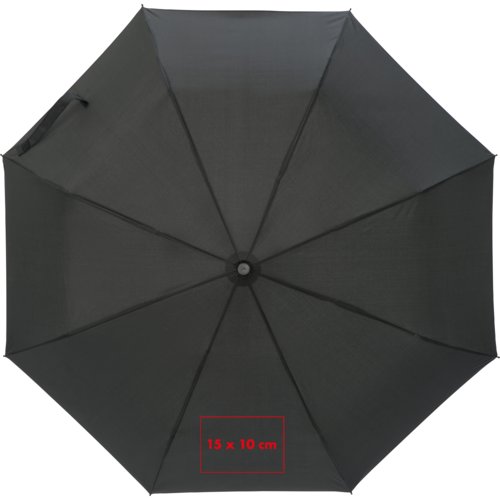 Black folding umbrella with manual opening mechanism.