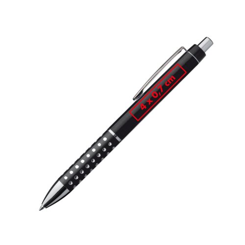 Black plastic ballpoint pen with clip and push button.