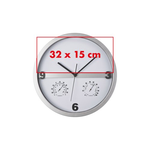 Silver wall clock with integrated thermometer and hygrometer.