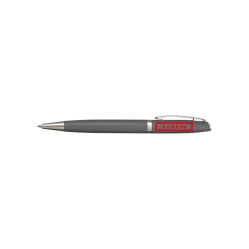 Gray metal ballpoint pen with clip and push-button mechanism.