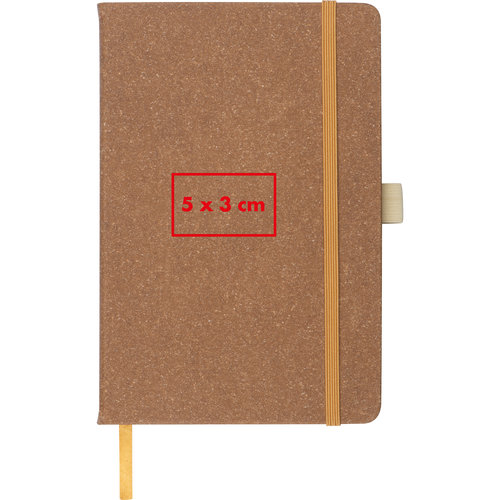 Brown notebook with elastic band closure and bookmark.