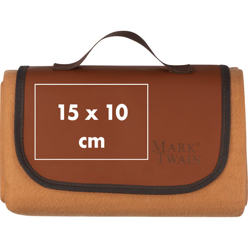 Brown fleece picnic blanket with carrying handle.