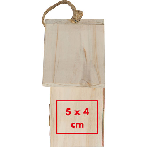 Wooden insect house with suspension