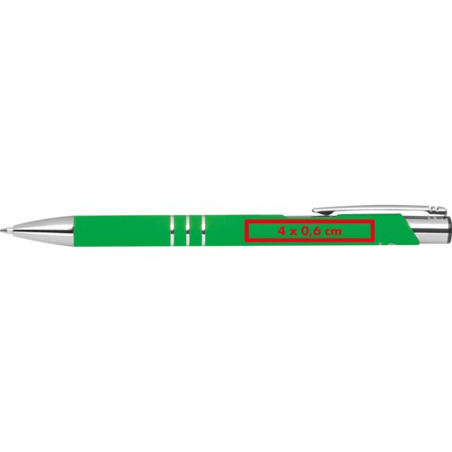 Green gel pen with metal elements and clip.