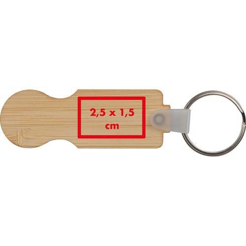 Wooden keychain with metal ring.