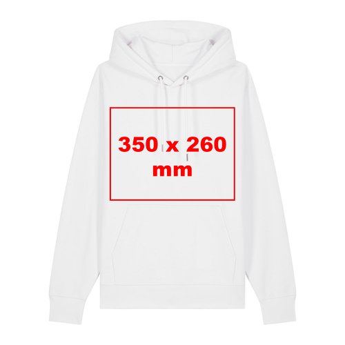 White fabric hoodie with hood and kangaroo pocket.