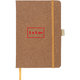 Brown notebook with elastic band closure and bookmark.